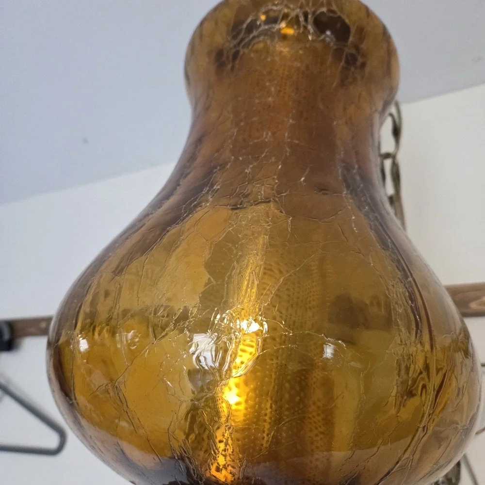 Vintage MCM Amber Crackle Glass Swag Lamp Light Pendant Diffusser
